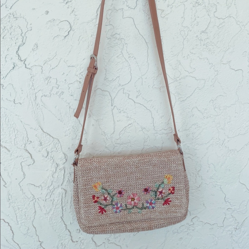 Vintage Straw Knit Crossbody Bag Floral Gem